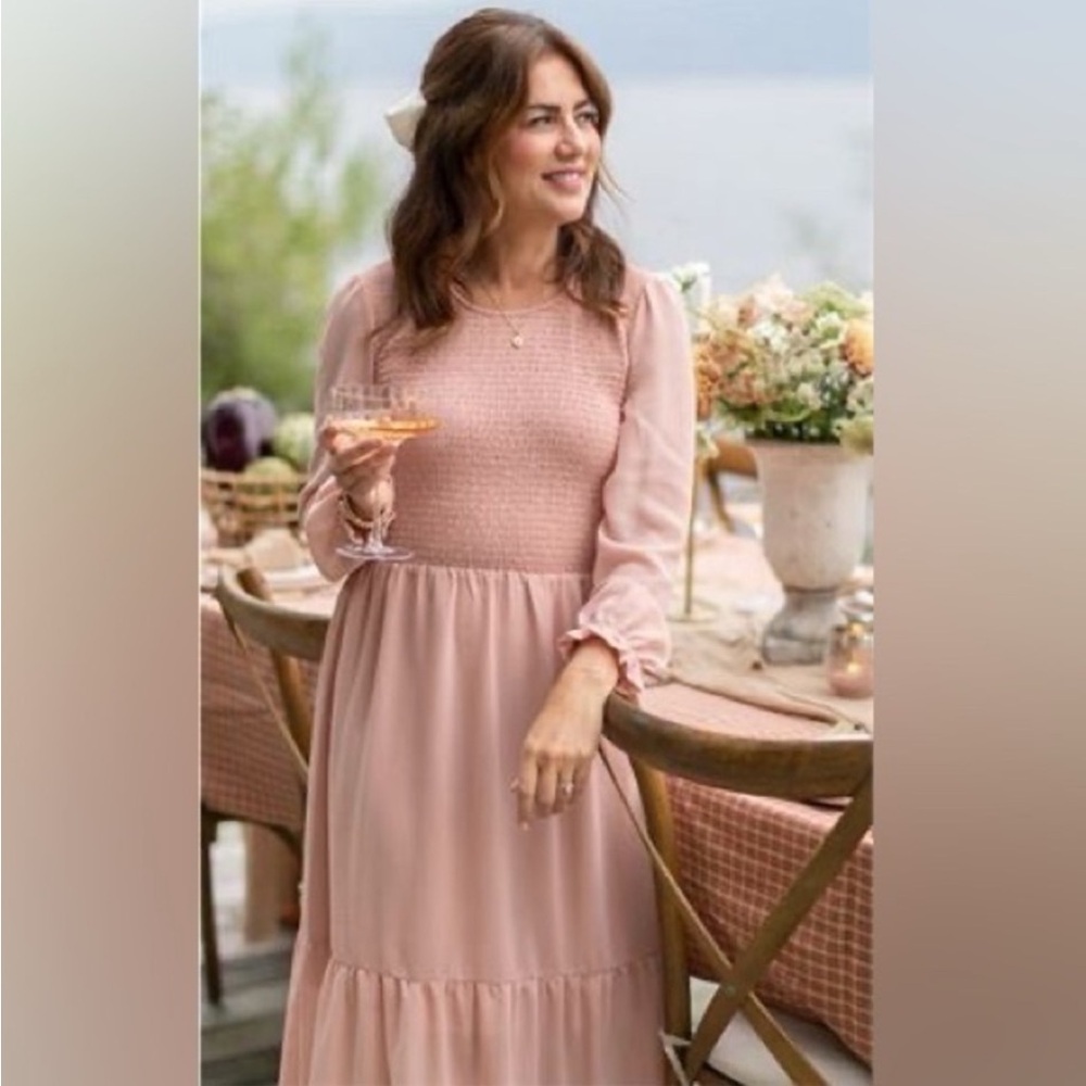 Elegant Smocked Midi Dress in Blush Pink